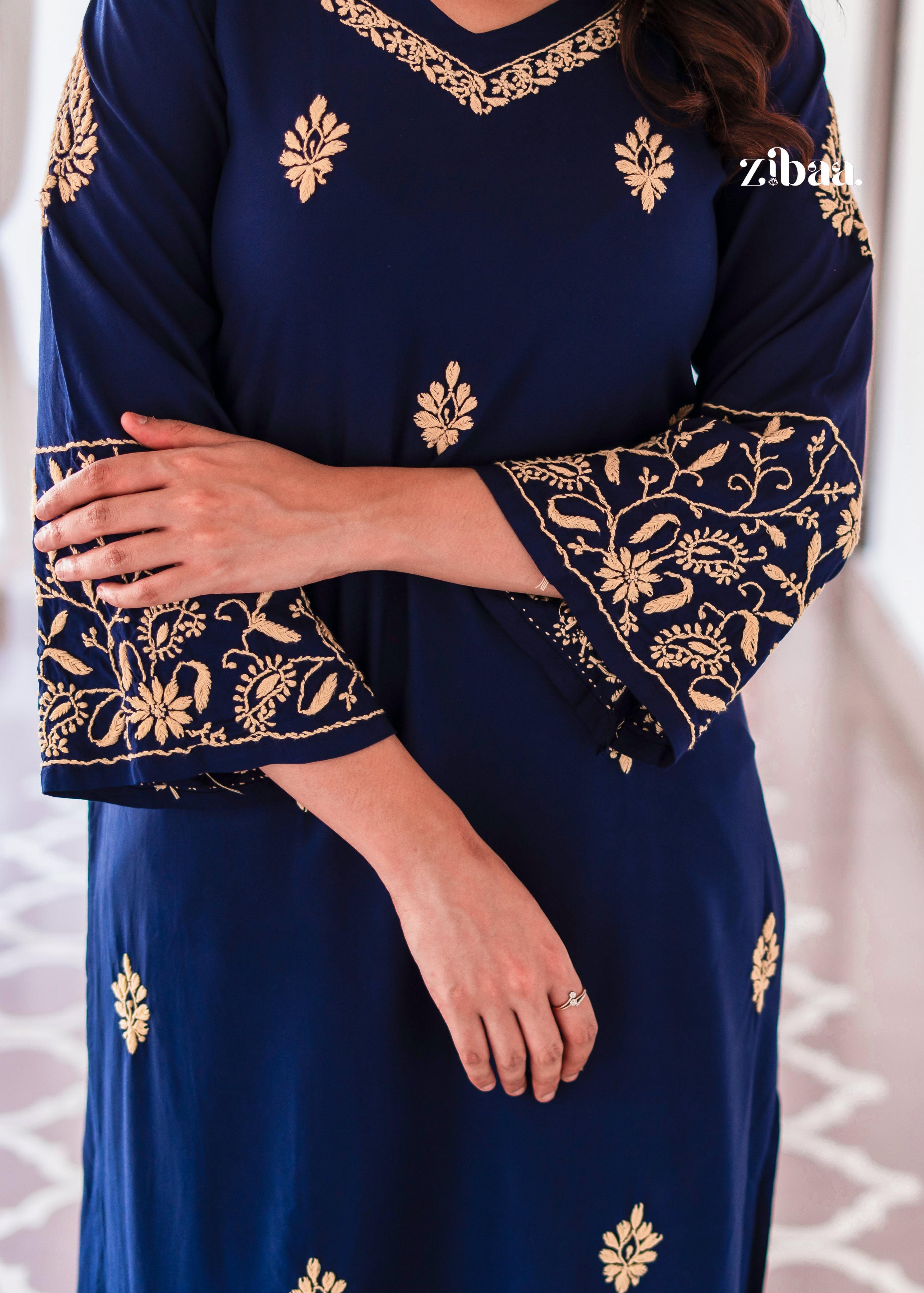 Zibaa Blue & Gold Luxury Rayon Chikankari Kurta - Distacart