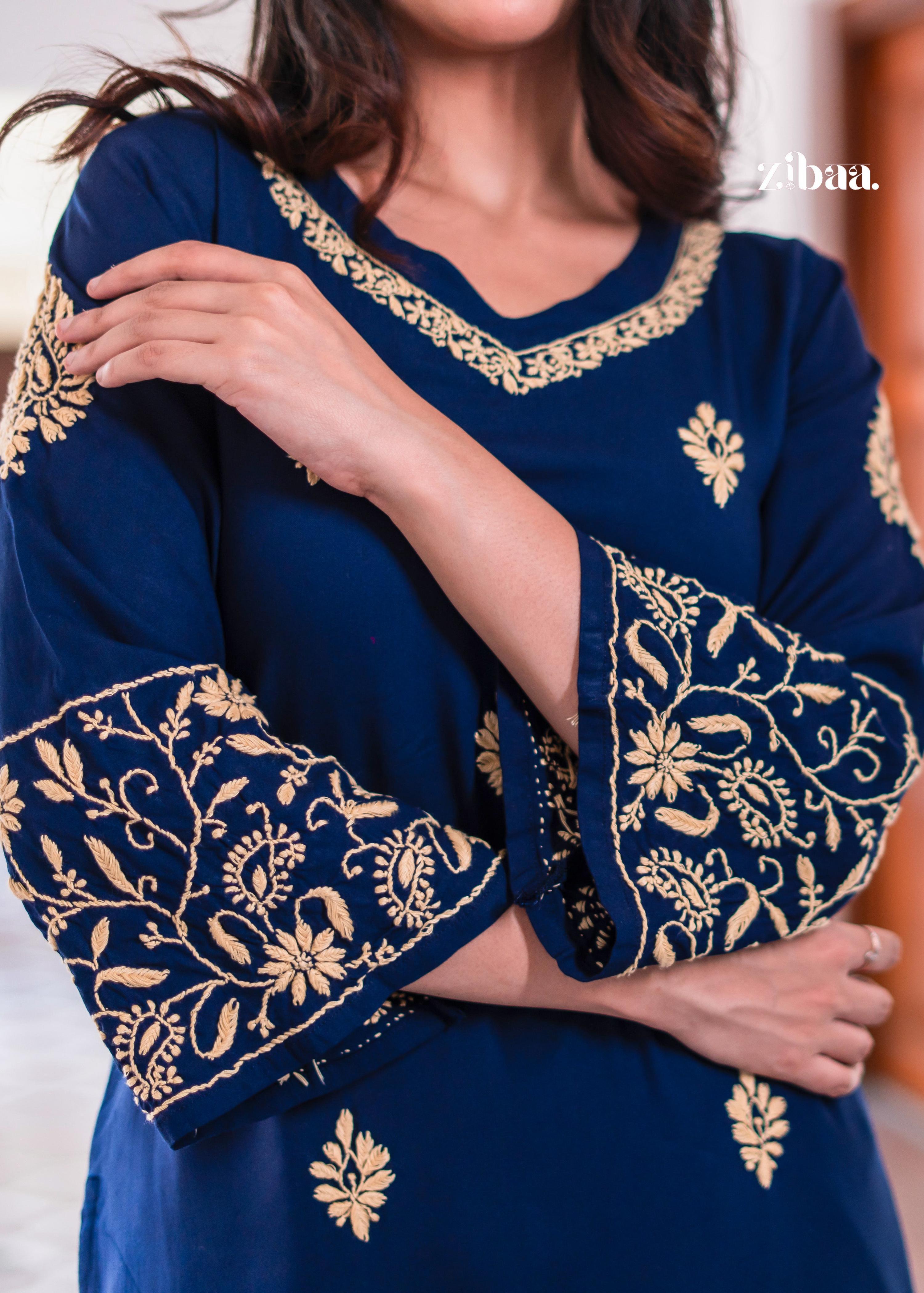 Zibaa Blue & Gold Luxury Rayon Chikankari Kurta - Distacart