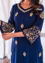 Zibaa Blue & Gold Luxury Rayon Chikankari Kurta - Distacart