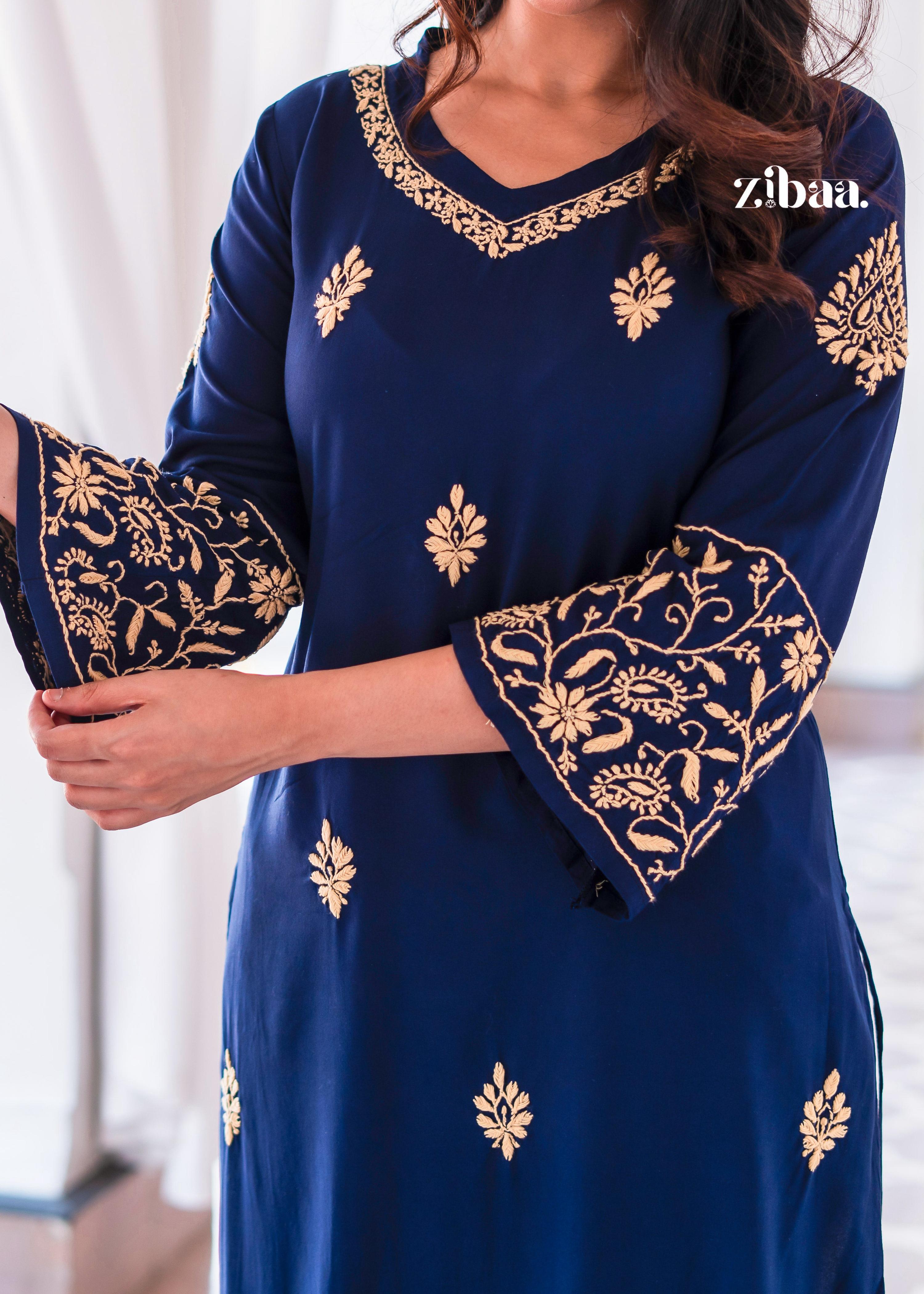 Zibaa Blue & Gold Luxury Rayon Chikankari Kurta - Distacart