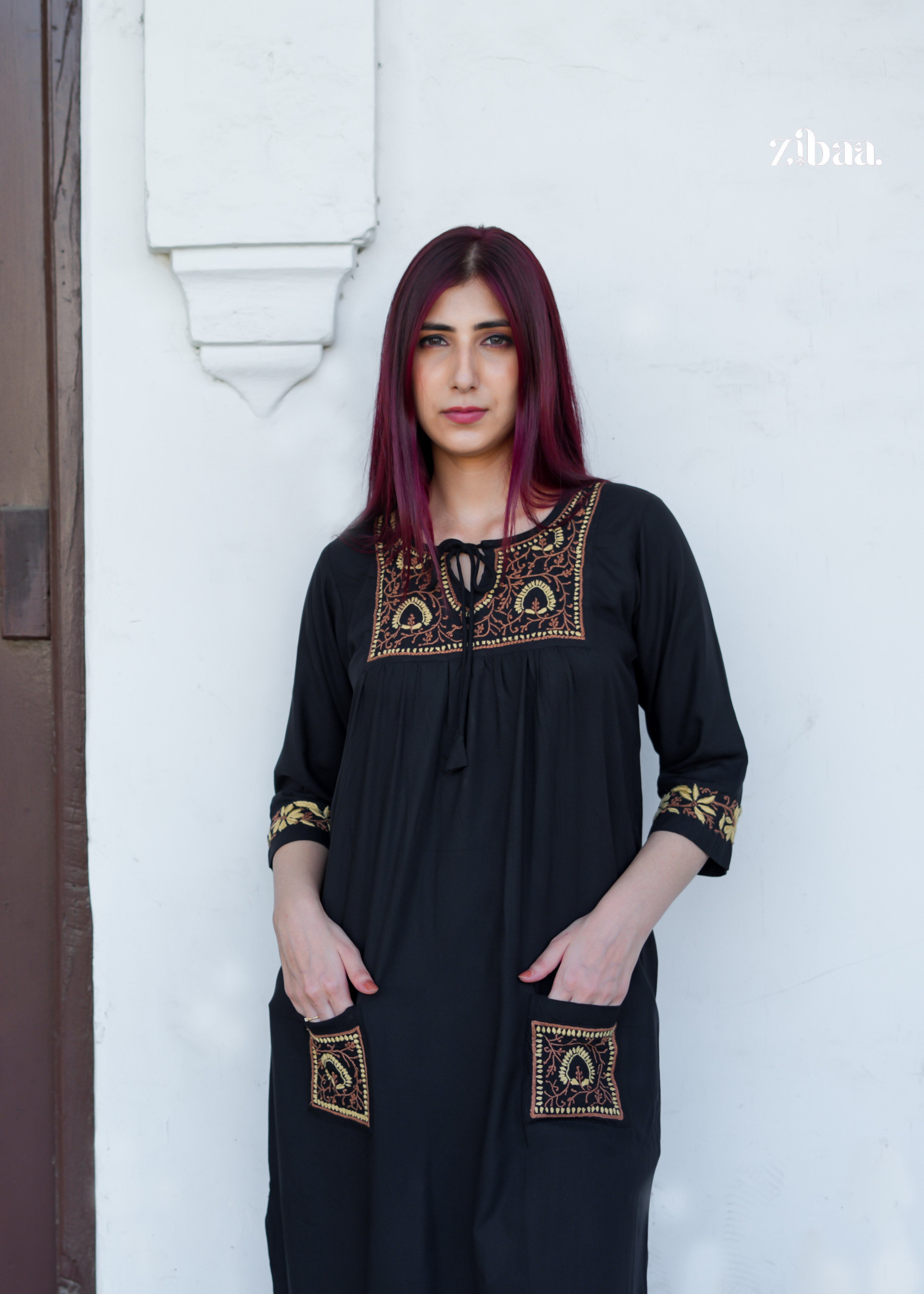 Zibaa Black & Gold Rayon Chikankari Kurta - Distacart