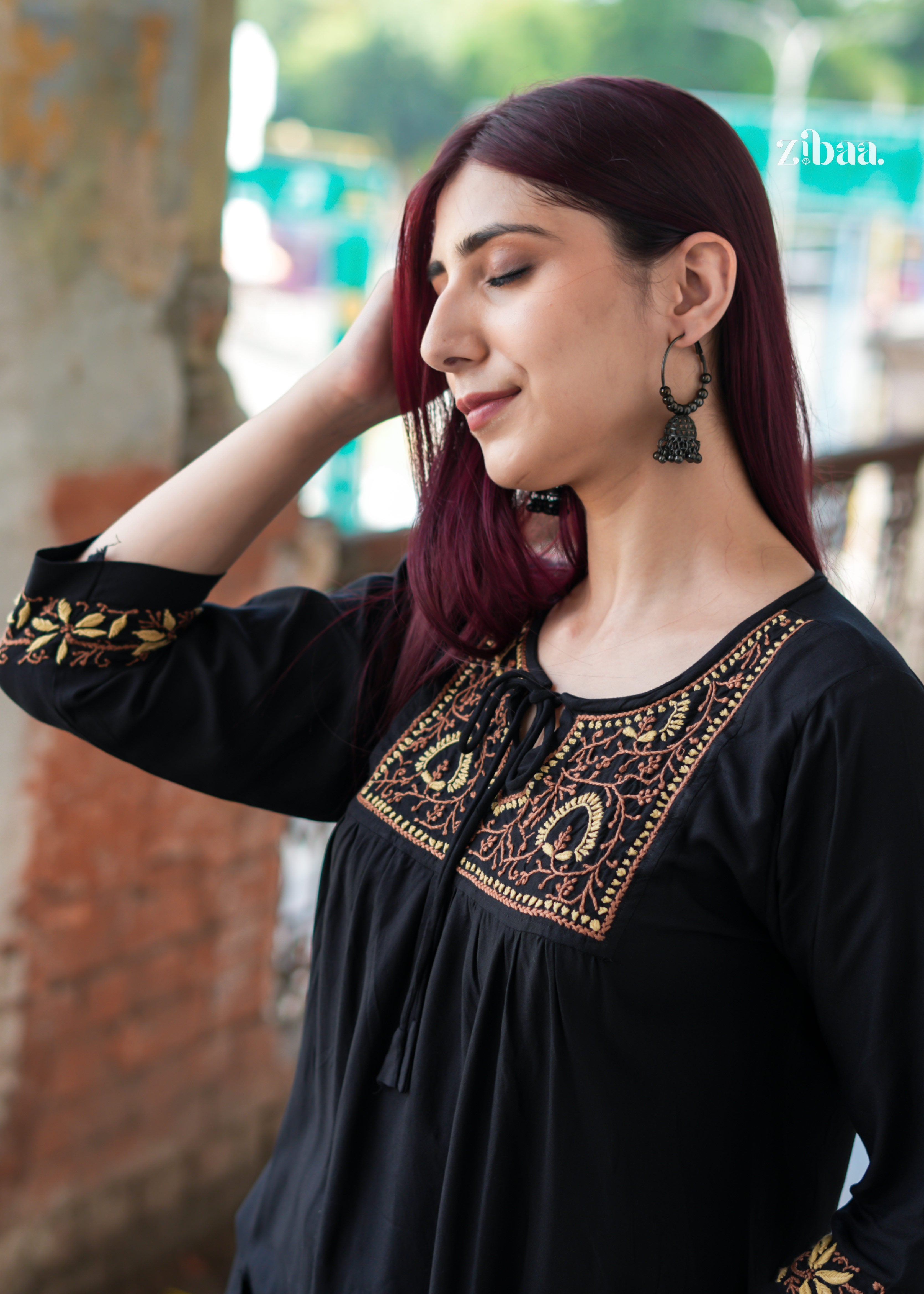 Zibaa Black & Gold Rayon Chikankari Kurta - Distacart