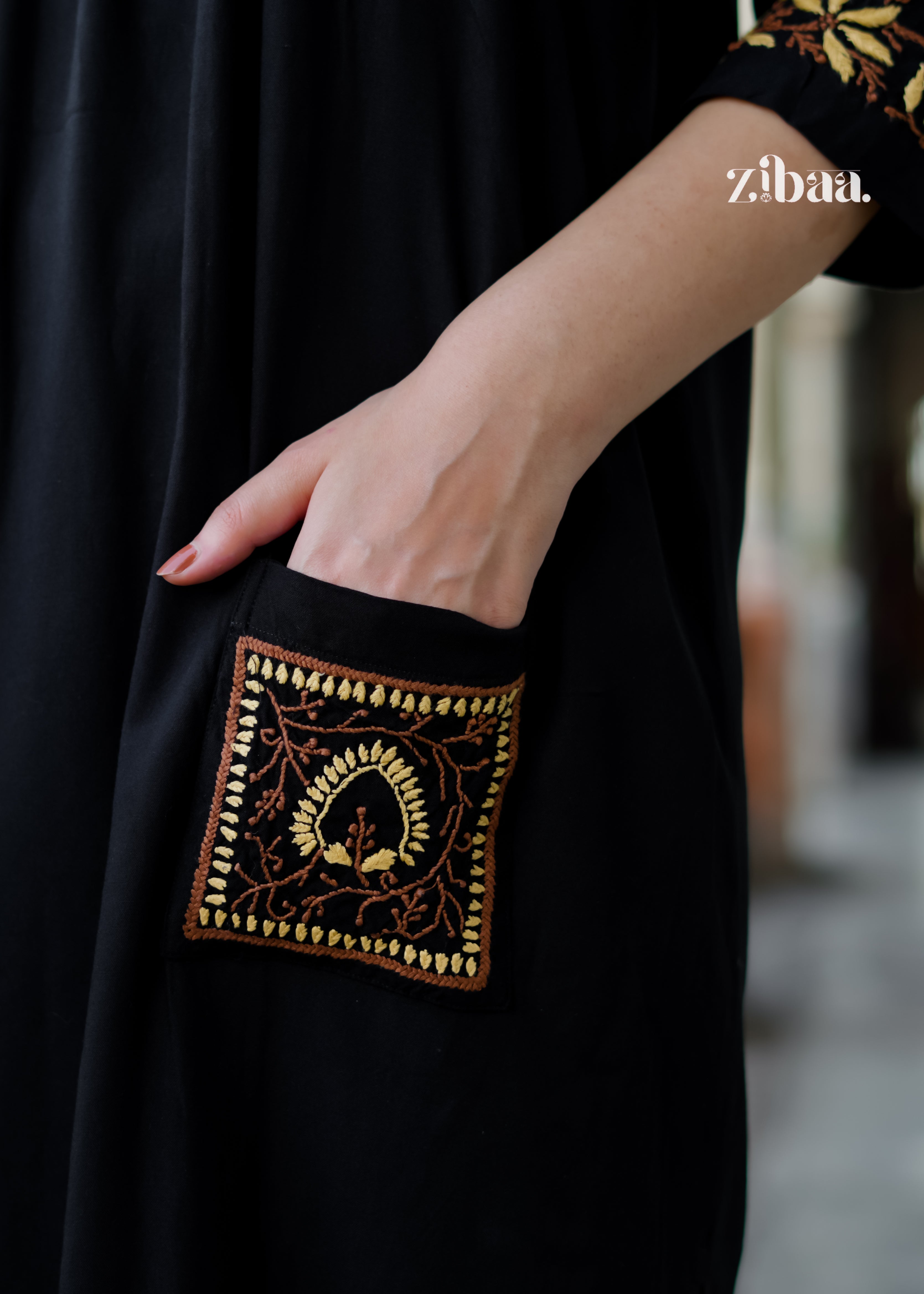 Zibaa Black & Gold Rayon Chikankari Kurta - Distacart