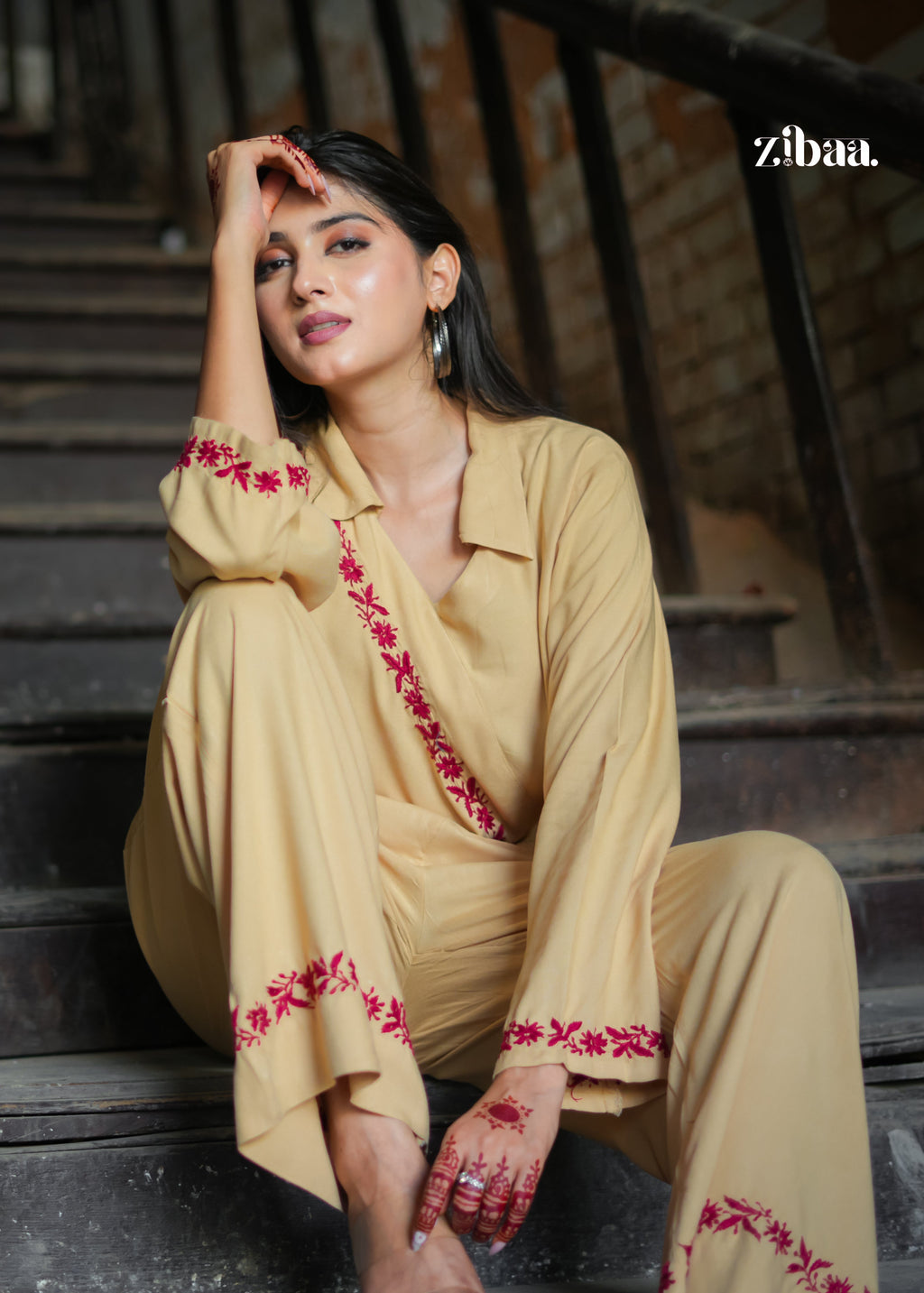 Zibaa Beige Rayon Chikankari Co-ord Set - Distacart