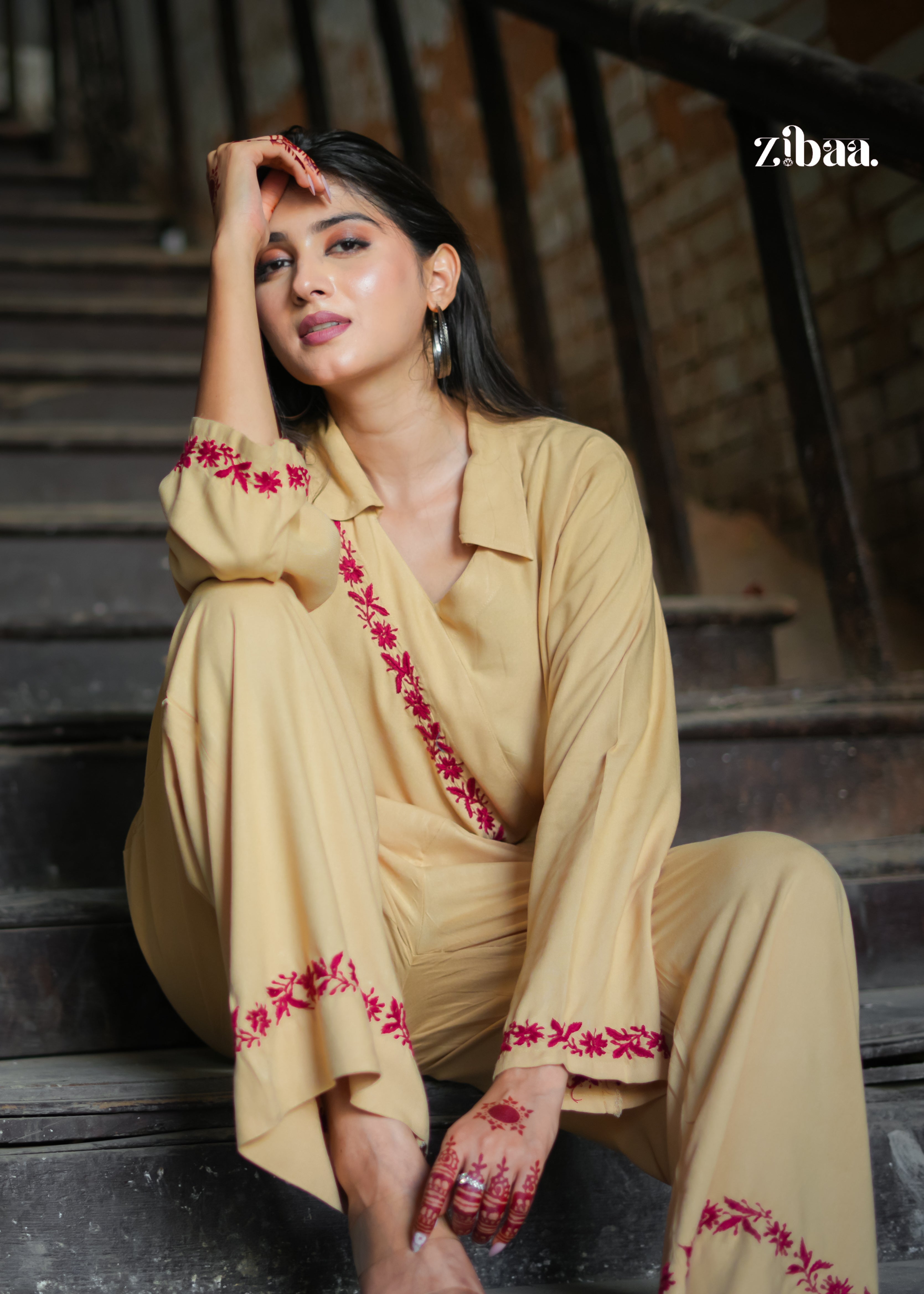 Zibaa Beige Rayon Chikankari Co-ord Set - Distacart