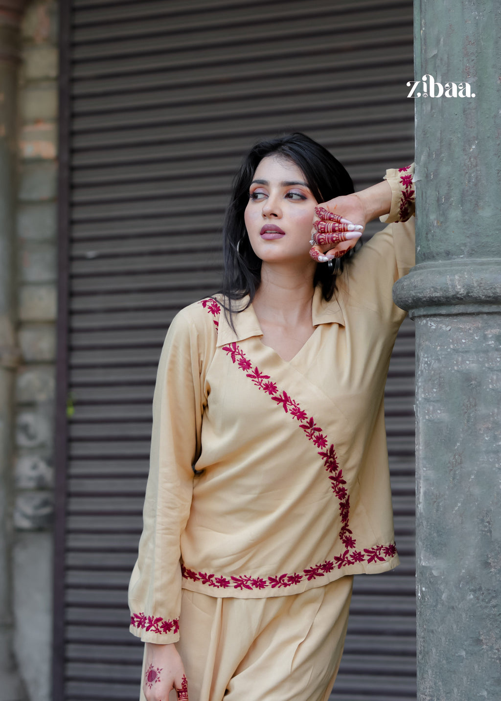 Zibaa Beige Rayon Chikankari Co-ord Set - Distacart