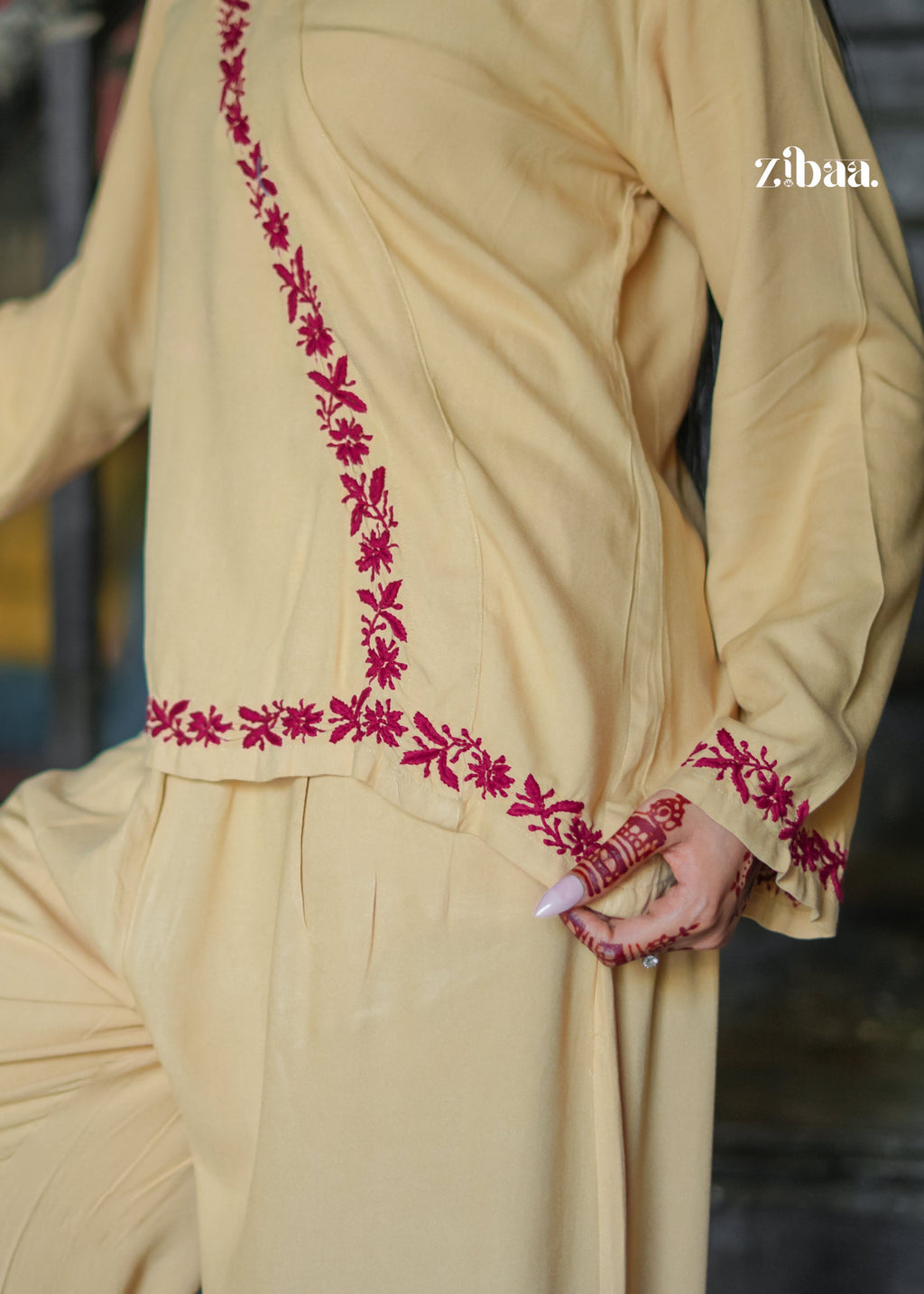 Zibaa Beige Rayon Chikankari Co-ord Set - Distacart