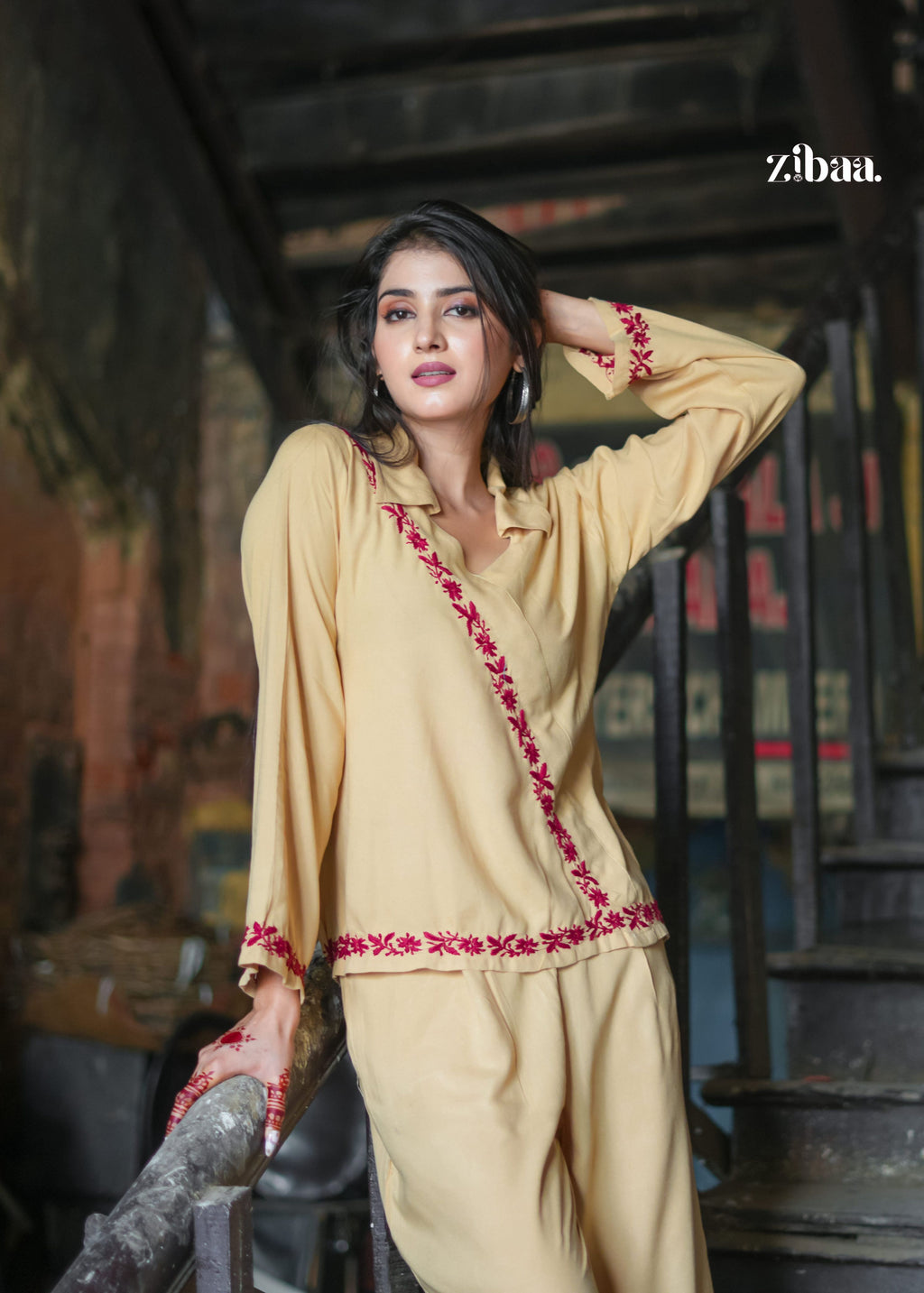 Zibaa Beige Rayon Chikankari Co-ord Set - Distacart
