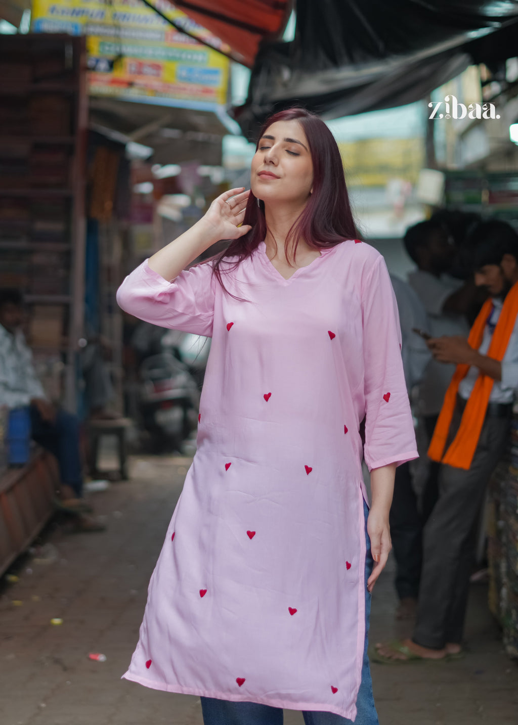 Zibaa Pink & Red Modal Chikankari Kurta - Distacart