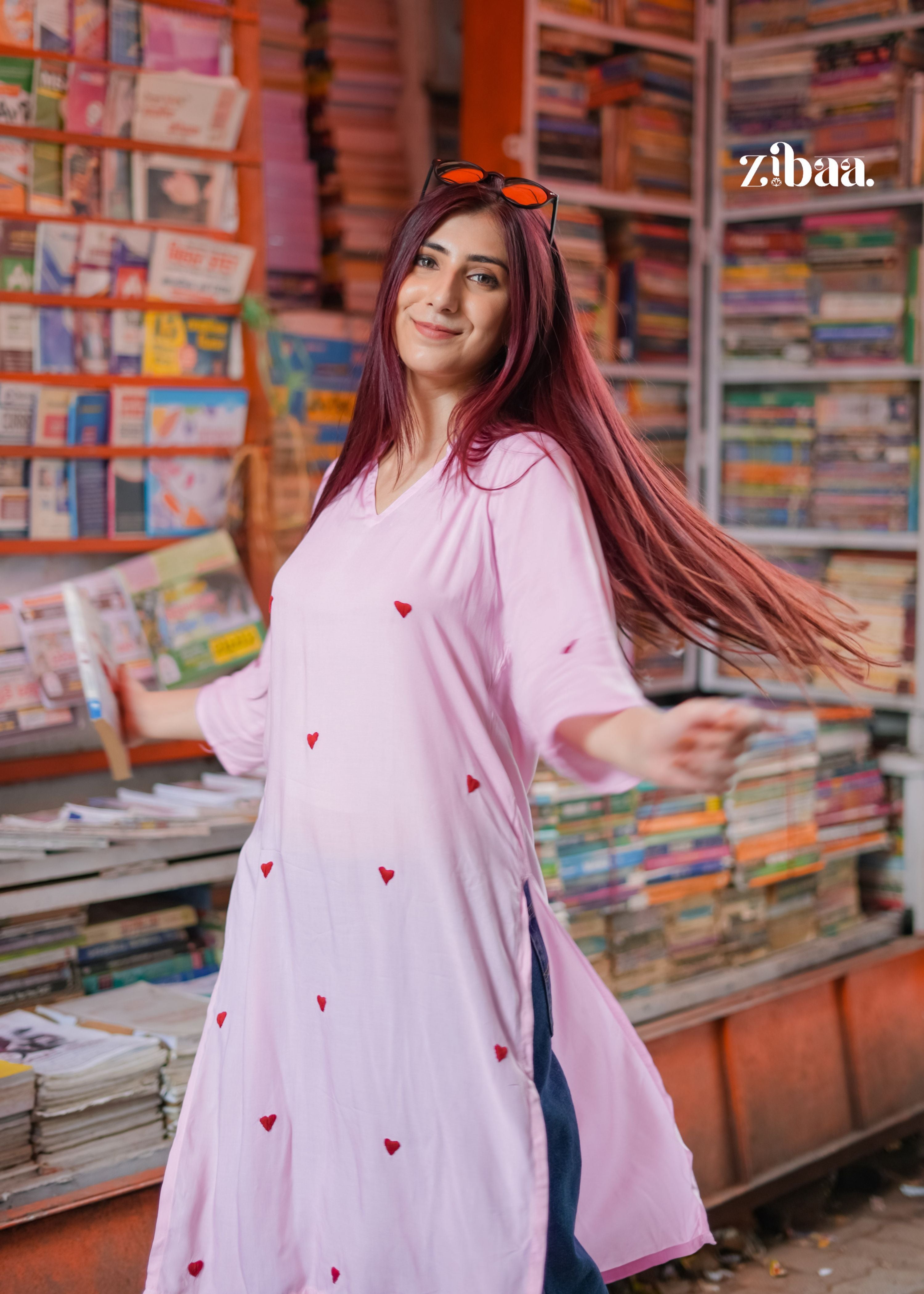 Zibaa Pink & Red Modal Chikankari Kurta - Distacart