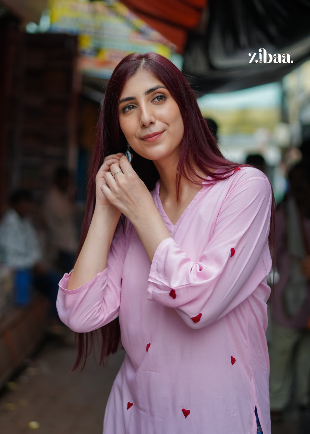 Zibaa Pink & Red Modal Chikankari Kurta - Distacart