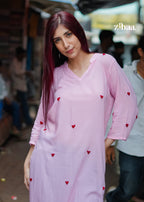 Zibaa Pink & Red Modal Chikankari Kurta - Distacart