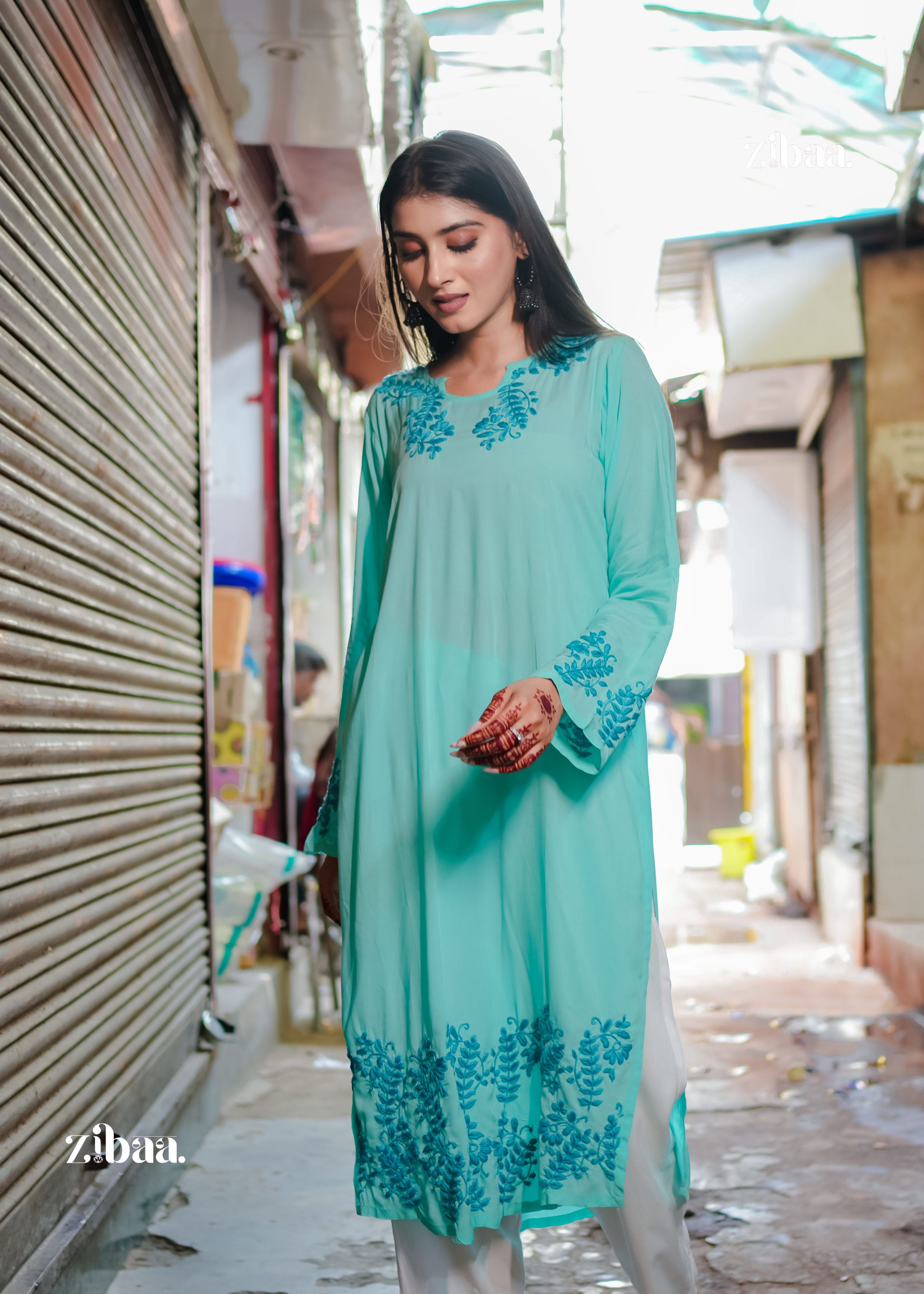 Zibaa Cyan Blue Modal Chikankari Kurta - Distacart