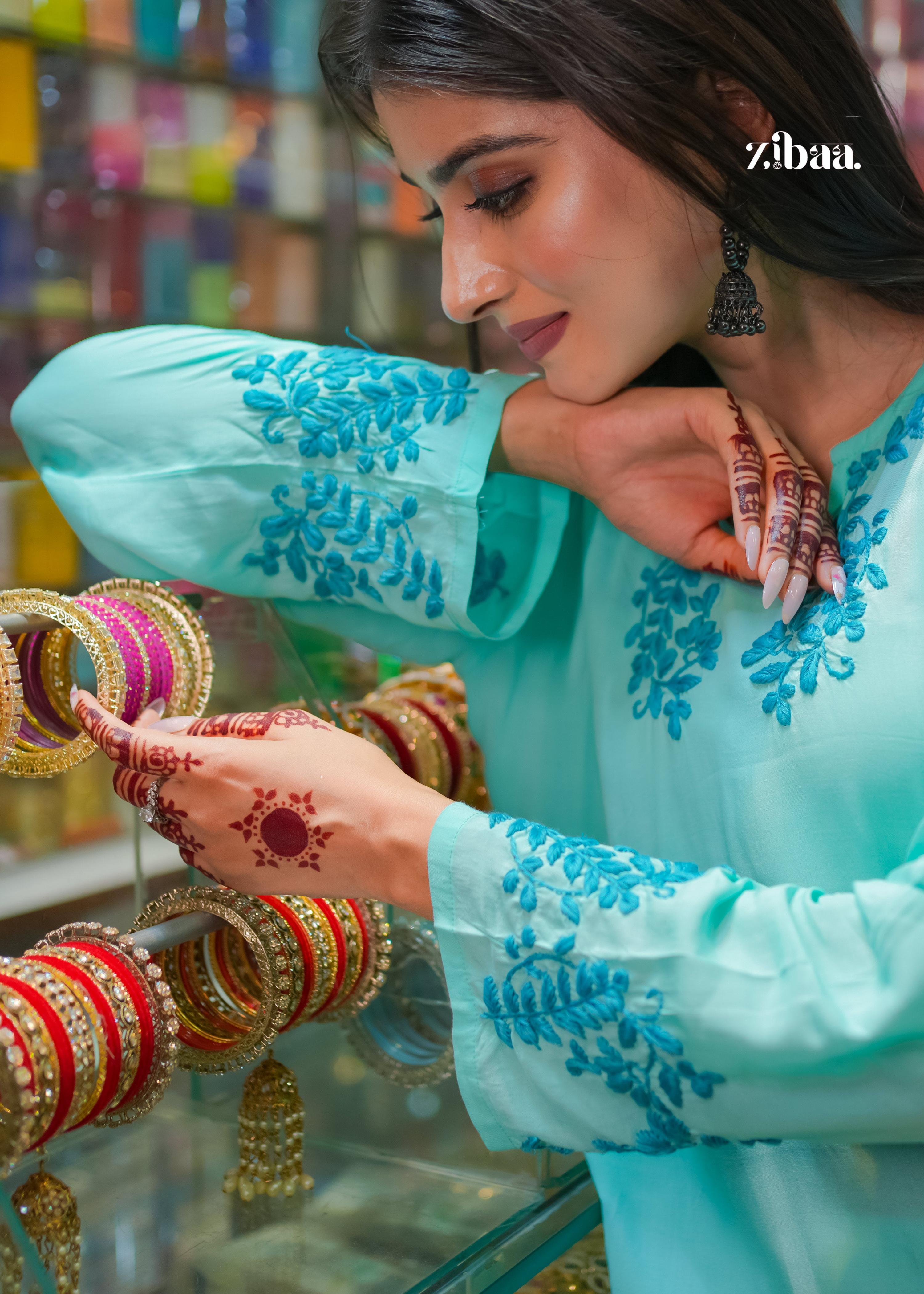 Zibaa Cyan Blue Modal Chikankari Kurta - Distacart