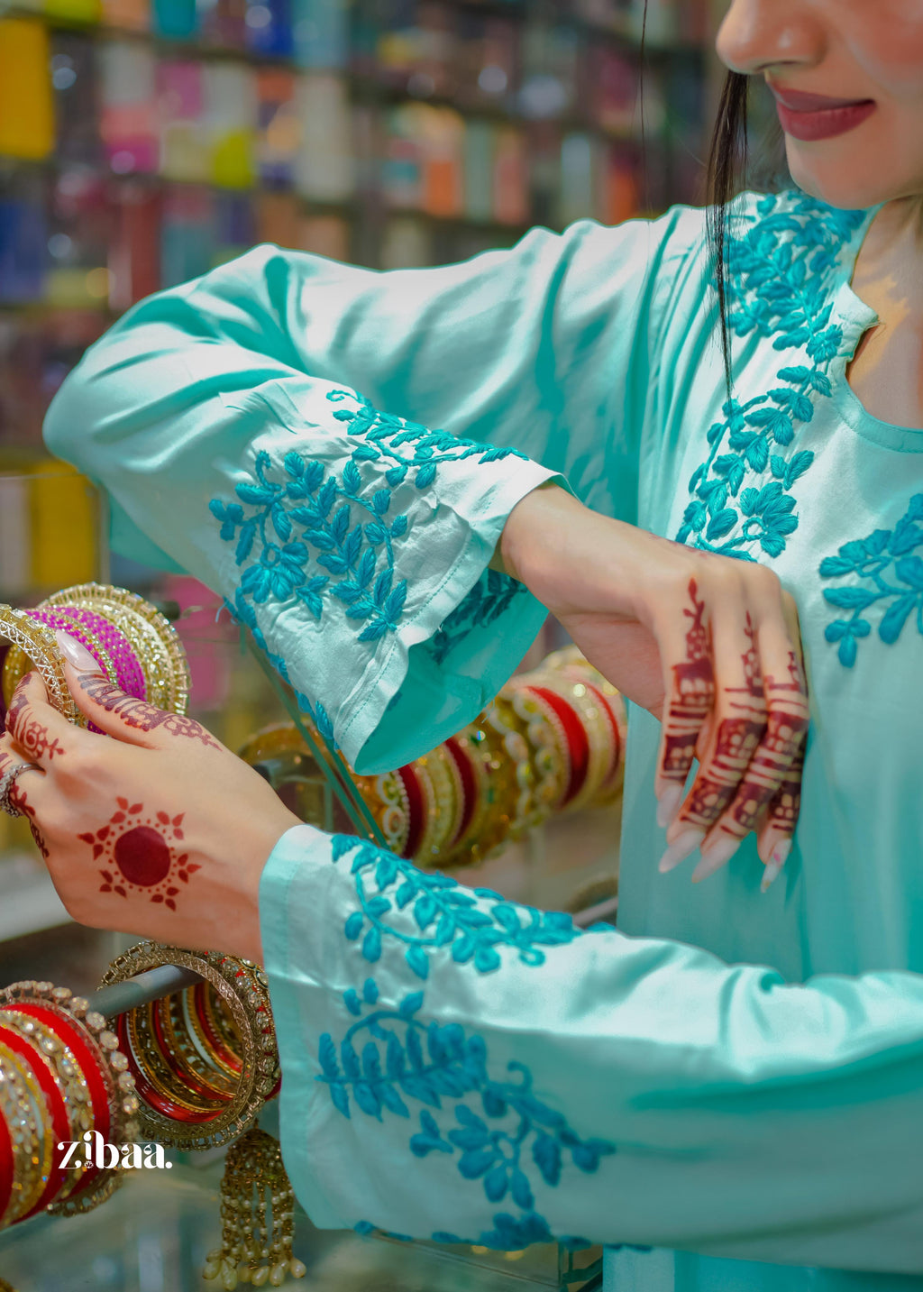 Zibaa Cyan Blue Modal Chikankari Kurta - Distacart