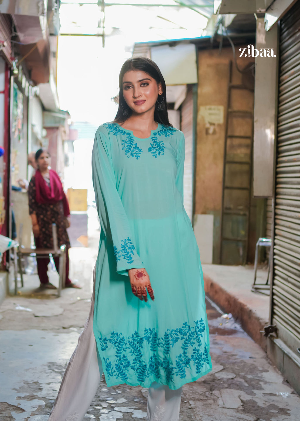 Zibaa Cyan Blue Modal Chikankari Kurta - Distacart