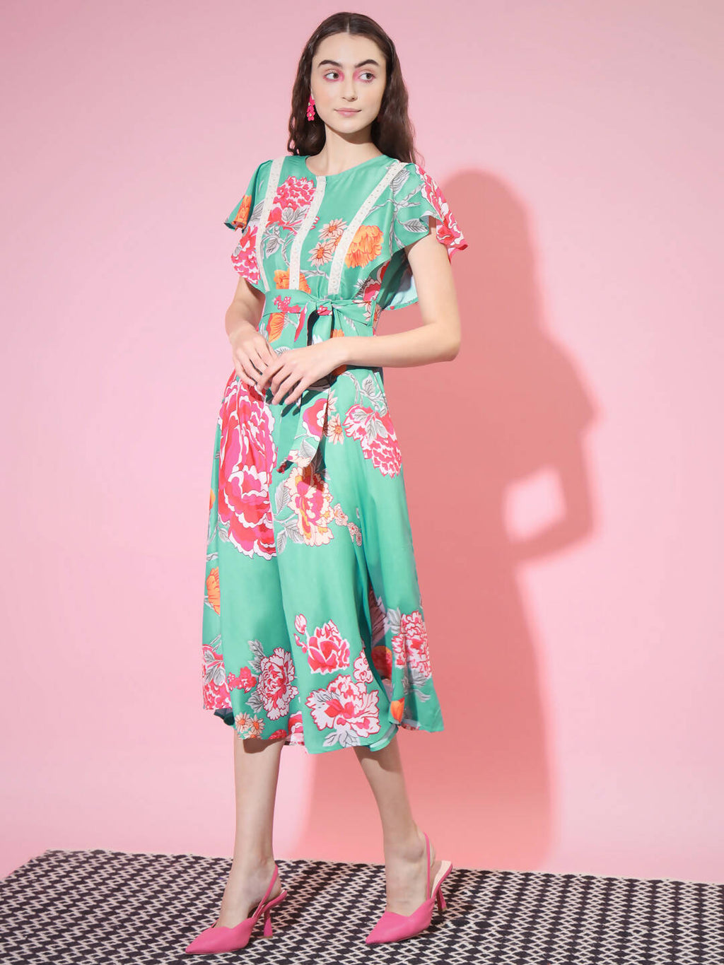 Myshka Women's Green Floral Printed Empire Dress - Distacart