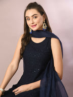Myshka Women's Navy Blue Embroidered Cotton Straight Party Kurta Set With Dupatta