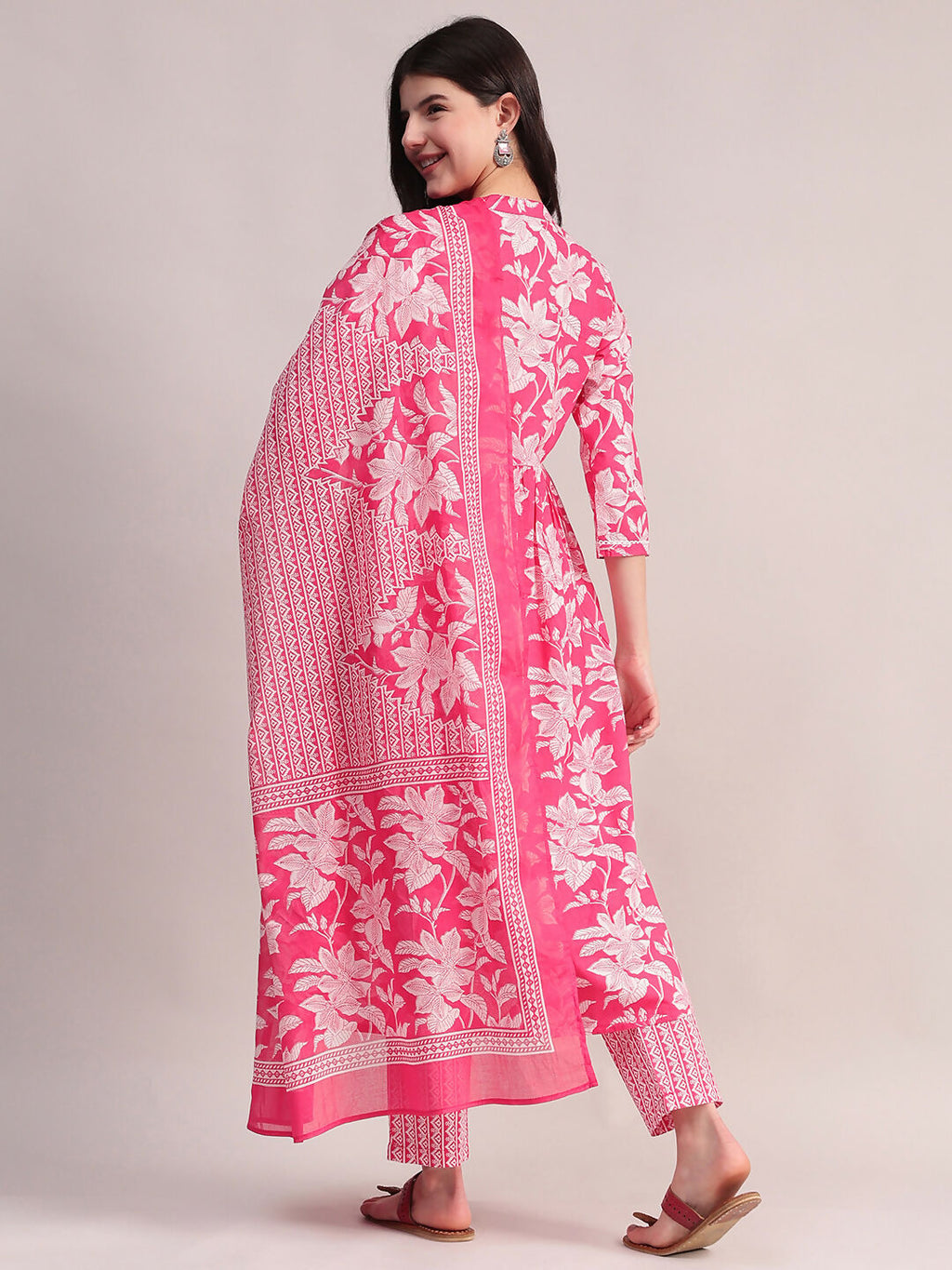 Aavyora Women's Pink Floral Cotton Kurta with Lace Detailing, with Trouser & Dupatta