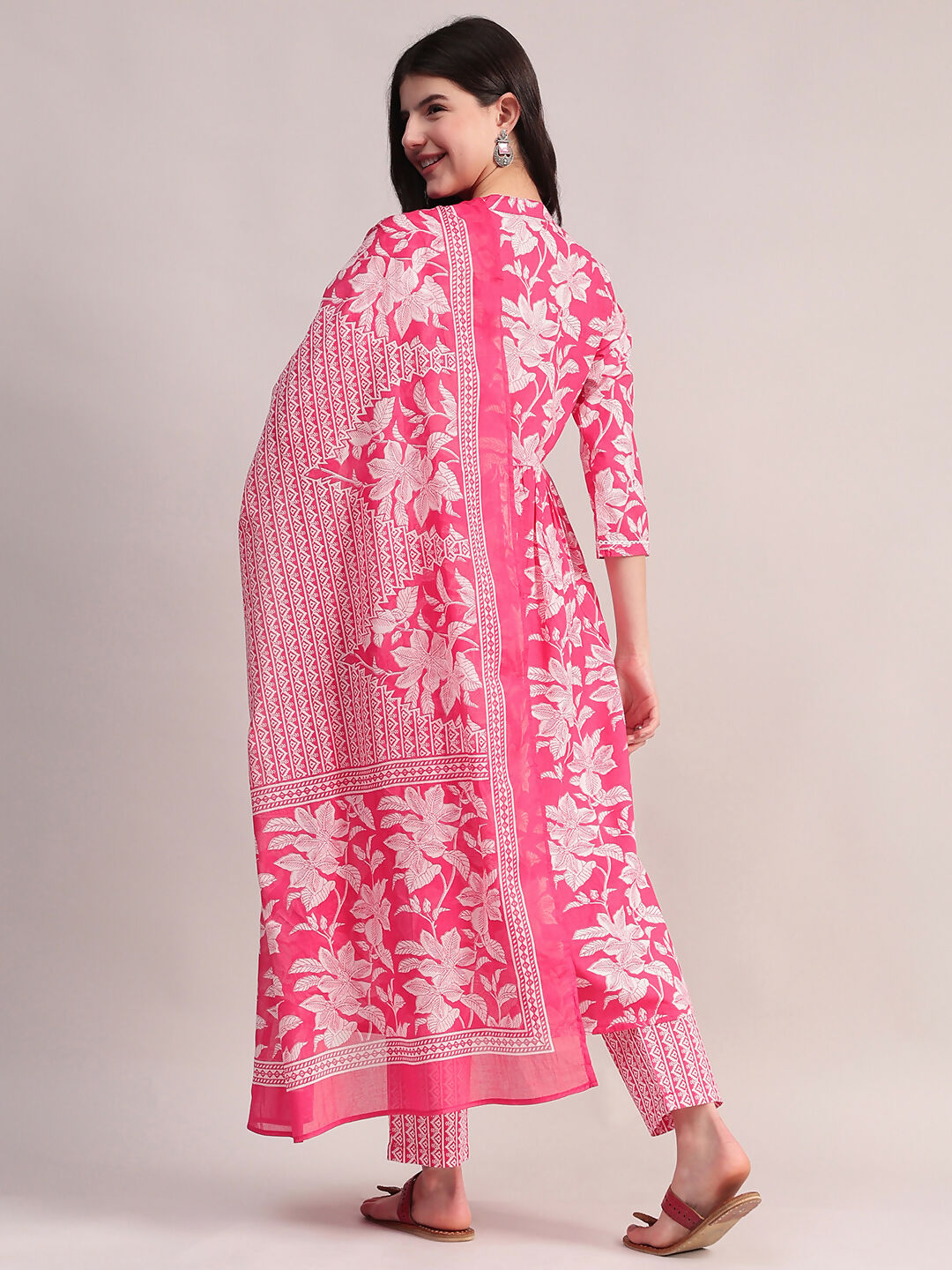 Aavyora Women's Pink Floral Cotton Kurta with Lace Detailing, with Trouser & Dupatta