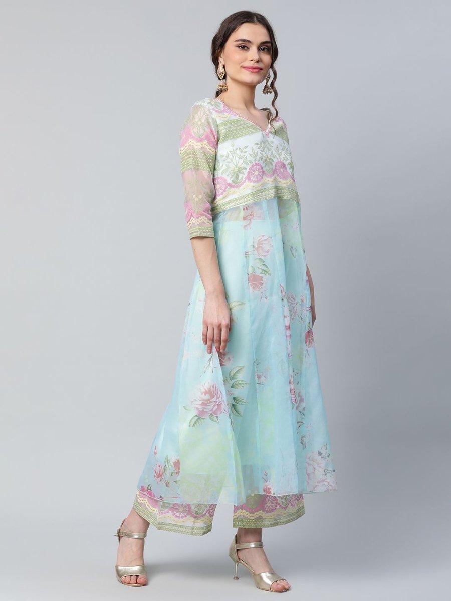 Ahalyaa Women Sea Green Organza Romantic Florals Kurta Palazzo Set