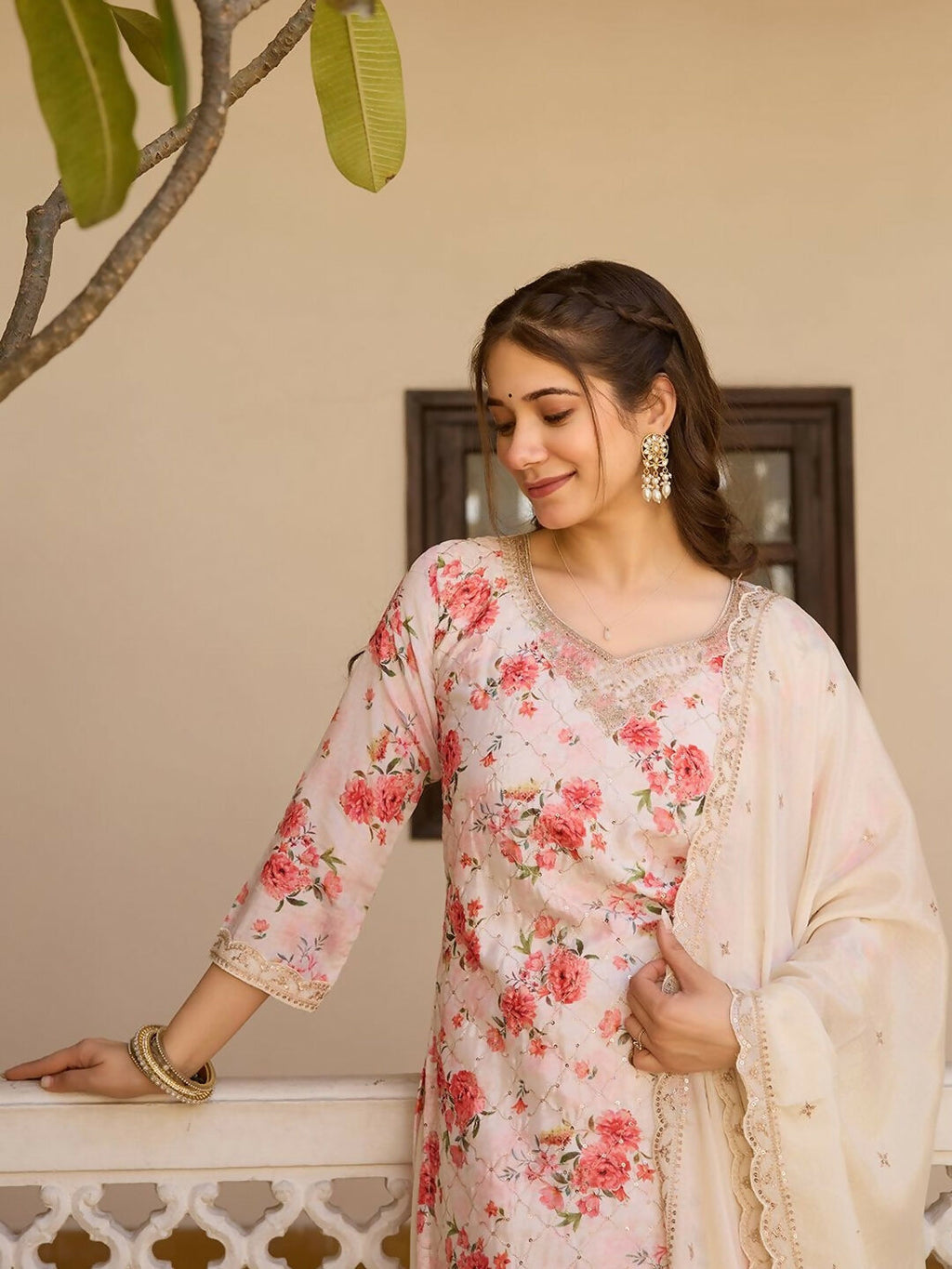 The52 White Women's Gorgeous Embroidered Chinon Fabric Straight Kurta Palazzo and Dupatta Set - Distacart