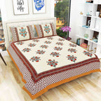 Floral Print Queen Size 90x108 Inches Jaipuri Flat Bed Sheet Bedspread with 2 Pillowcases