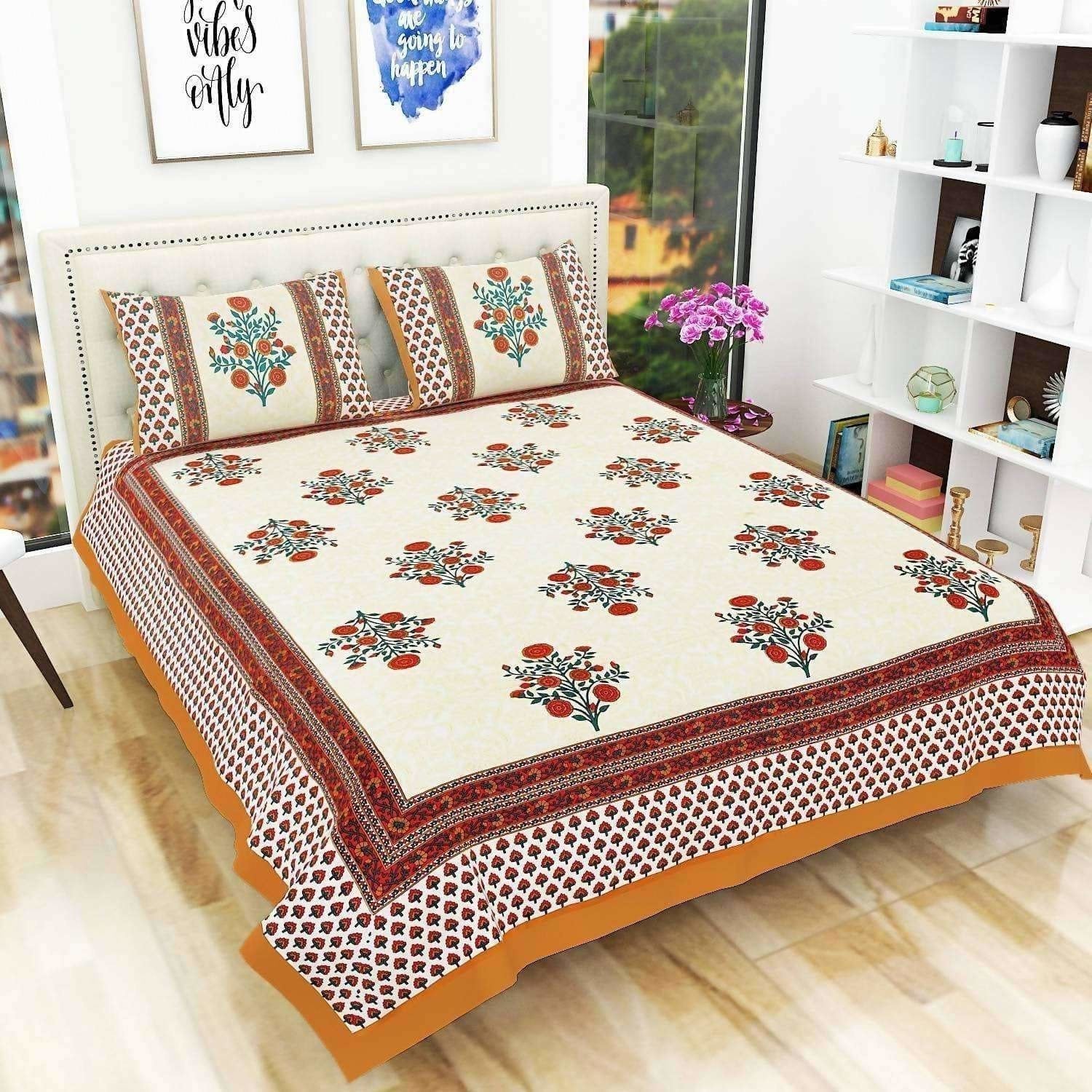 Floral Print Queen Size 90x108 Inches Jaipuri Flat Bed Sheet Bedspread with 2 Pillowcases