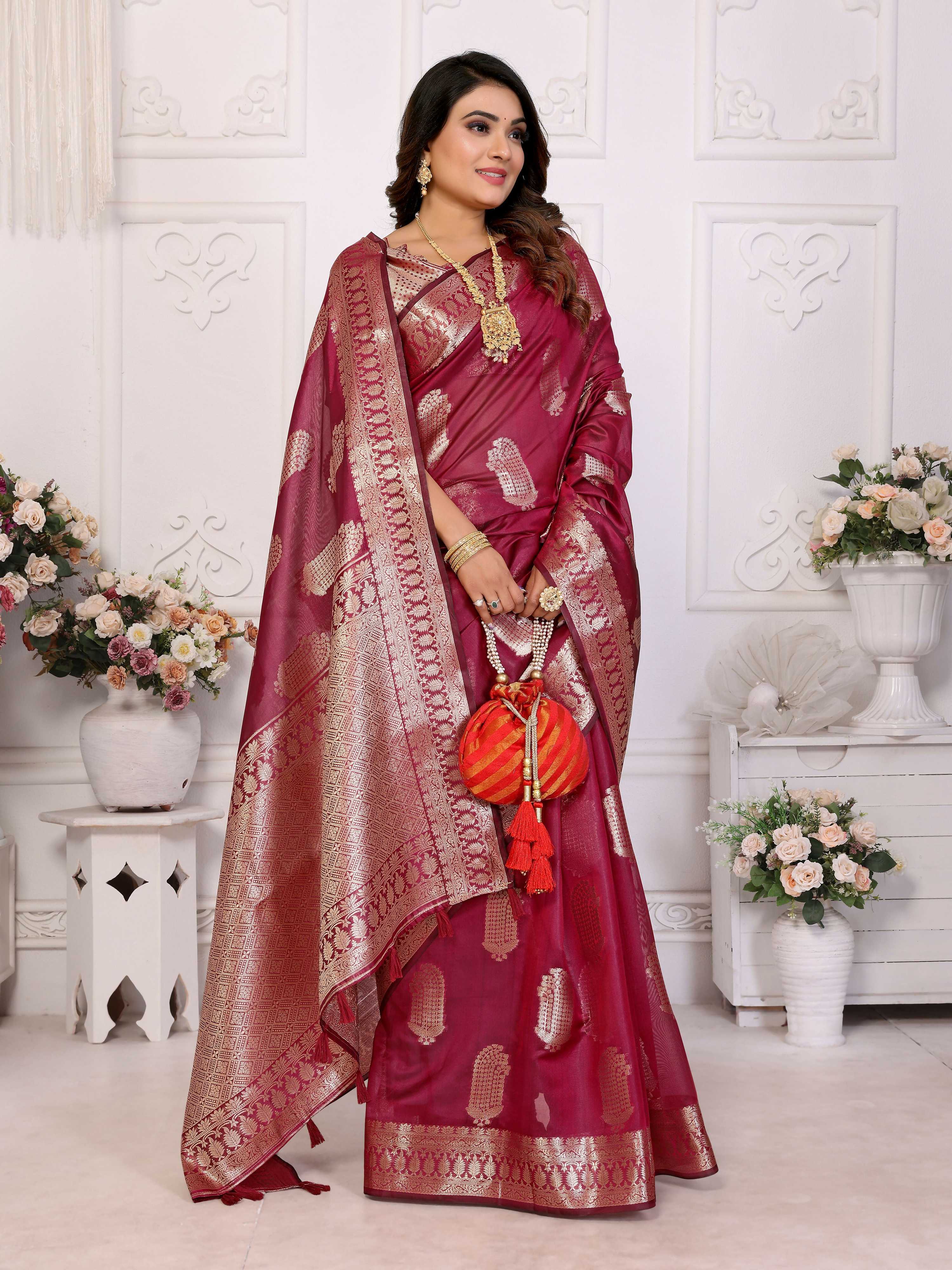 Aastha Fashion Wine Soft Organza Silk Weaving Saree - Distacart