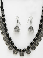 NVR Women's Black Silver-Plated Choke Oxidized Necklace with Jhumka Earrings