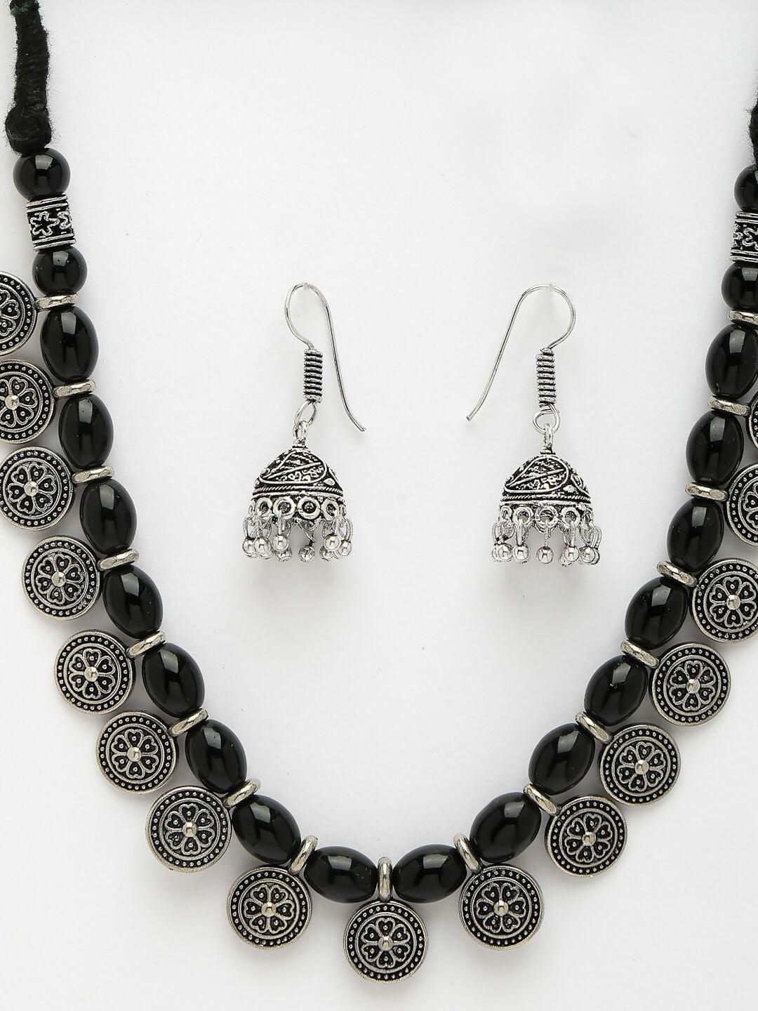 NVR Women's Black Silver-Plated Choke Oxidized Necklace with Jhumka Earrings