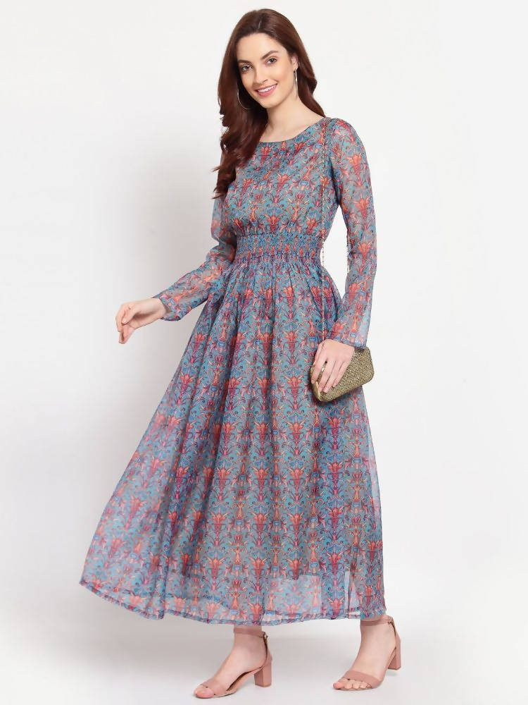 Myshka Women's Multi Printed Organza Full Sleeve Round Neck Casual Maxi Dress
