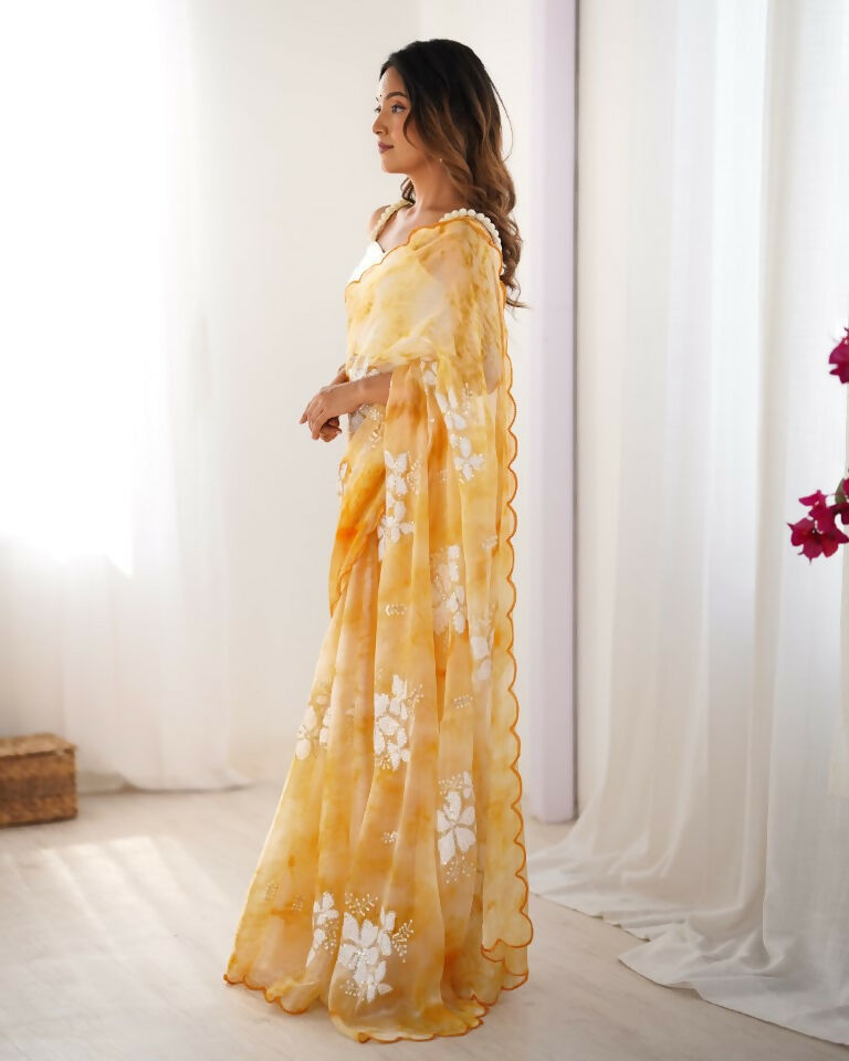 Yellow Jimmy Choo Printed, Sequence Embroidery Work Saree - Saima