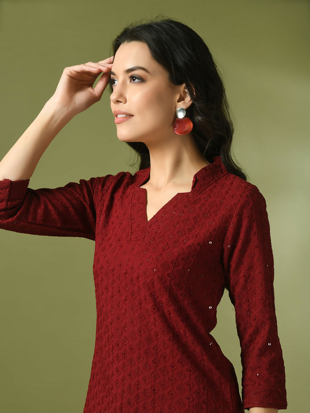 Myshka Women's Maroon Embellished Cotton Regular Party Tunic