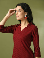 Myshka Women's Maroon Embellished Cotton Regular Party Tunic