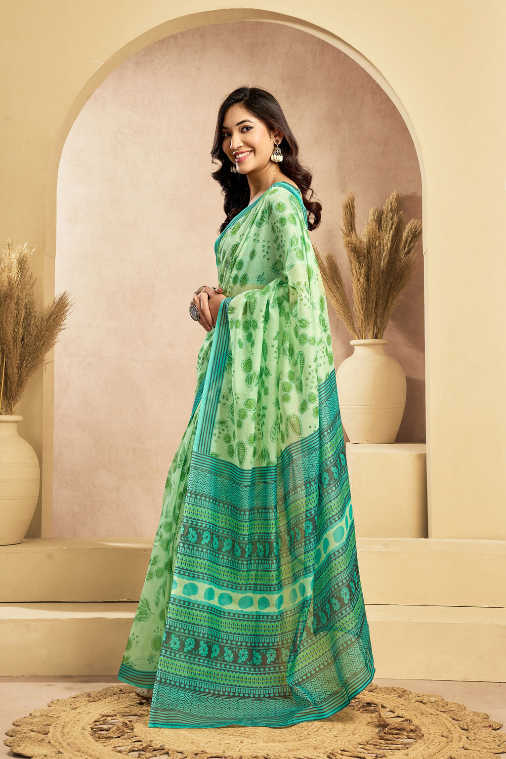 Vastranavya Mint Green Digital Printed Linen Ready To Wear Designer Saree with Unstitched Blouse - Distacart