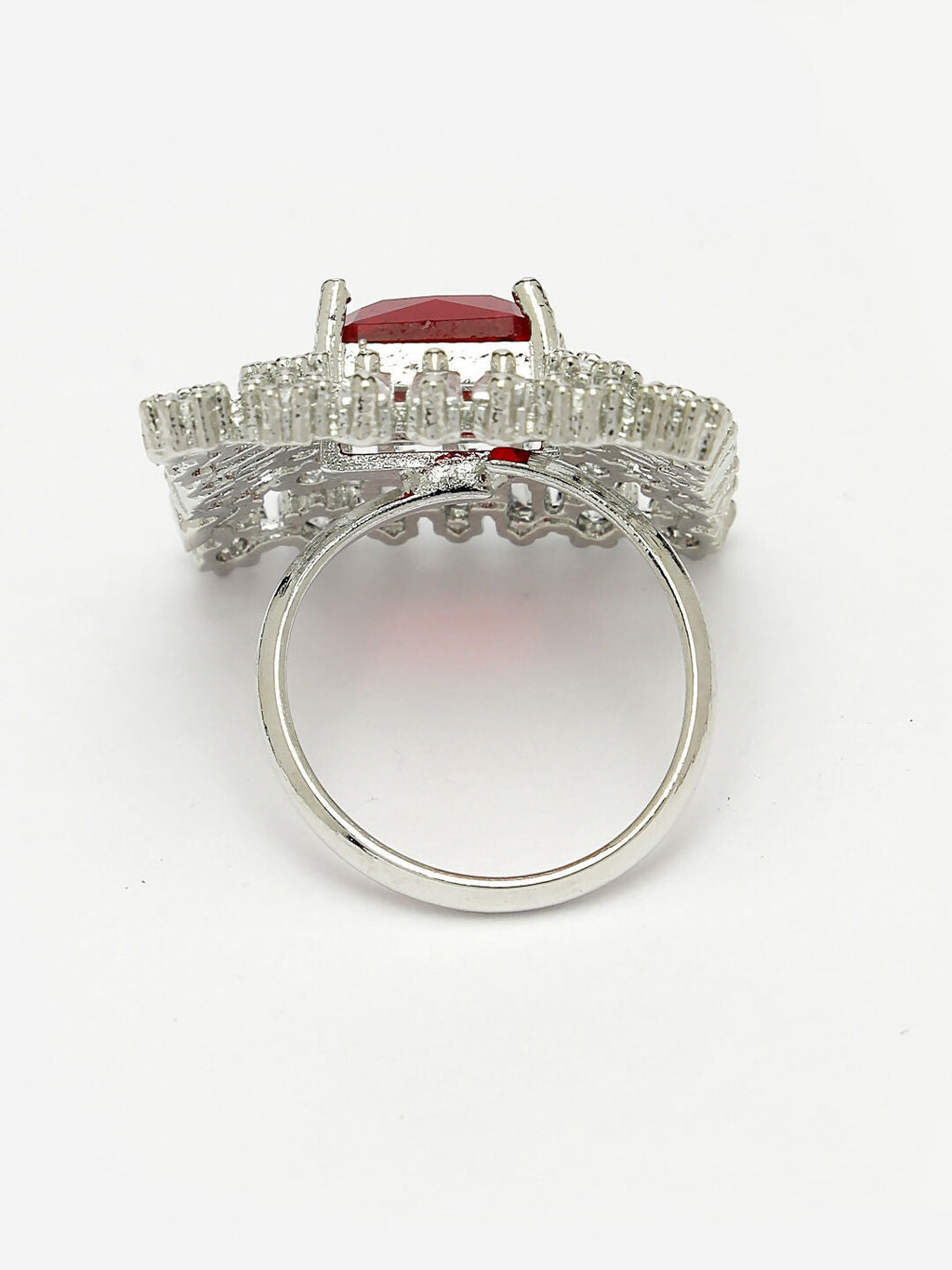 NVR Women's Red & Silver CZ-Studded Square-Shaped Adjustable Finger Ring