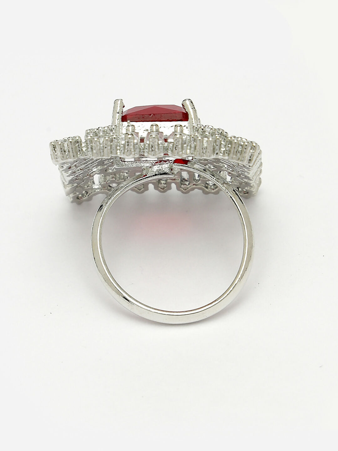 NVR Women's Red & Silver CZ-Studded Square-Shaped Adjustable Finger Ring