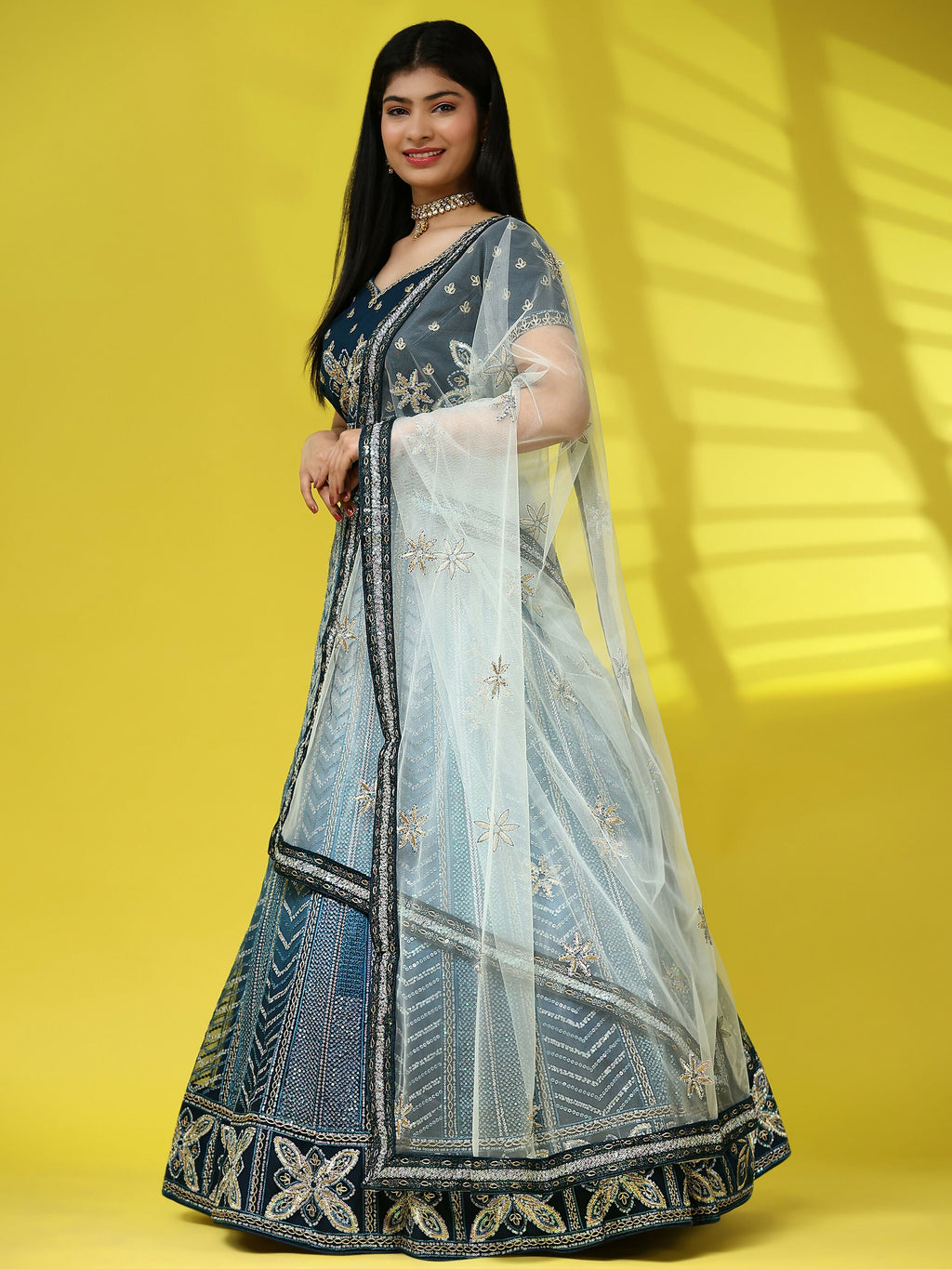 Blue Fancy Net Sequence Embroidered Lehenga Choli with Dupatta - Dhara