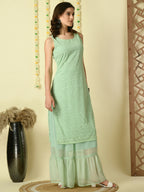 Myshka Women's Green Georgette Kurta & Skirt With Dupatta Party Sets