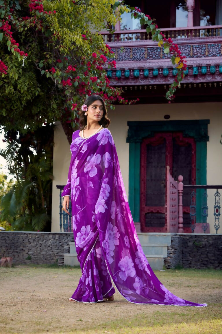 Vastranavya Purple Chiffon Floral Printed & Pearl Lace Border Saree with Unstitched Blouse