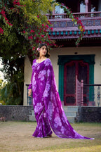 Vastranavya Purple Chiffon Floral Printed & Pearl Lace Border Saree with Unstitched Blouse