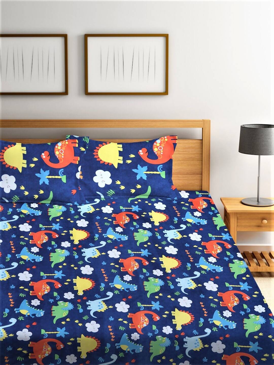 Home Sizzler Blue & Red Cartoon Characters 210 TC Bedsheet with Pillow Cover - Distacart