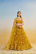 Aastha Fashion Mustard Yellow Butterfly Net Tone To Tone Cotton Thread Work And Sequence Work Embroidery Wedding Wear Lehenga Choli