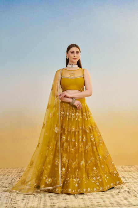 Aastha Fashion Mustard Yellow Butterfly Net Tone To Tone Cotton Thread Work And Sequence Work Embroidery Wedding Wear Lehenga Choli