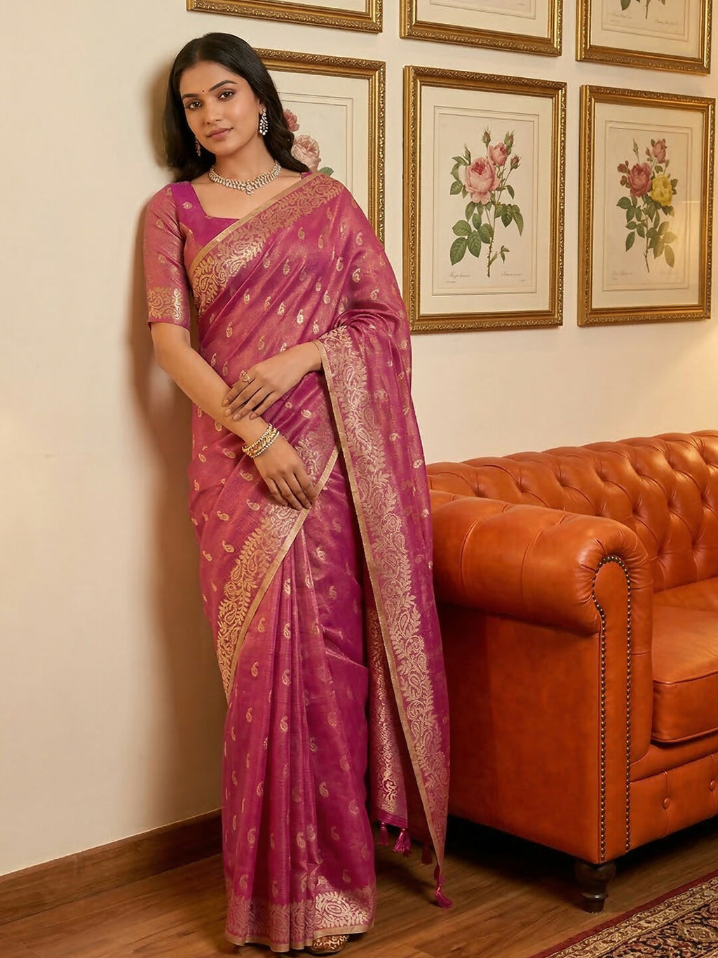 Shree Shyam Fashion Wine Tissue Silk Saree - Distacart