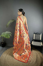 Joban Fashion Pastel Red Peacocks Flowers & Leaves Soft Silk Paithani Saree - Distacart