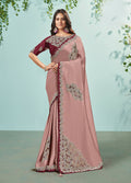 Rose Pink Silk Satin Embroidered Saree With Unstitched Blouse Piece - Norita Ikshita