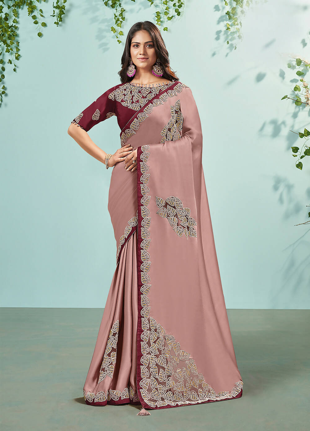 Rose Pink Silk Satin Embroidered Saree With Unstitched Blouse Piece - Norita Ikshita