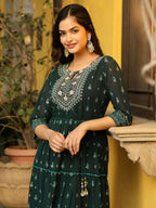 Juniper Green Ethnic Motif Printed Georgette Maxi Dress & Dori With Thread Work - Distacart